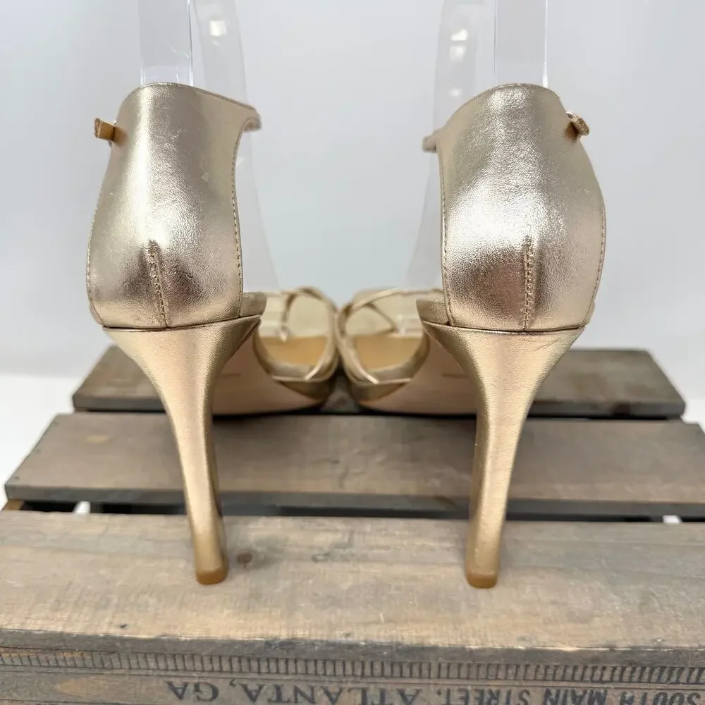 Reformation Gilda Platform Square Toe Heeled Sandal In Metallic Gold Size 8